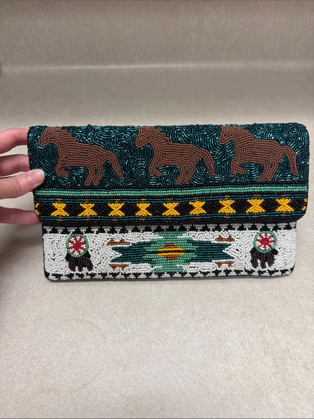Beaded Tribal Pattern Crossbody Clutch in Brown and Teal - Picture 2 of 5